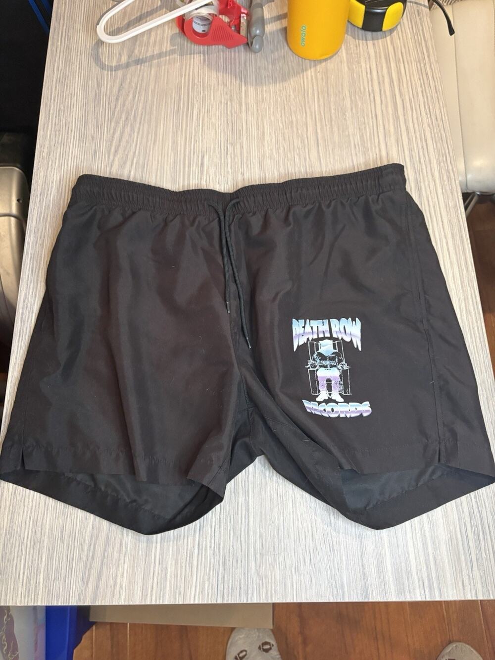Death Row Records Black Swim Trunks Shorts Men’s Large Drawstring Pockets Logo L